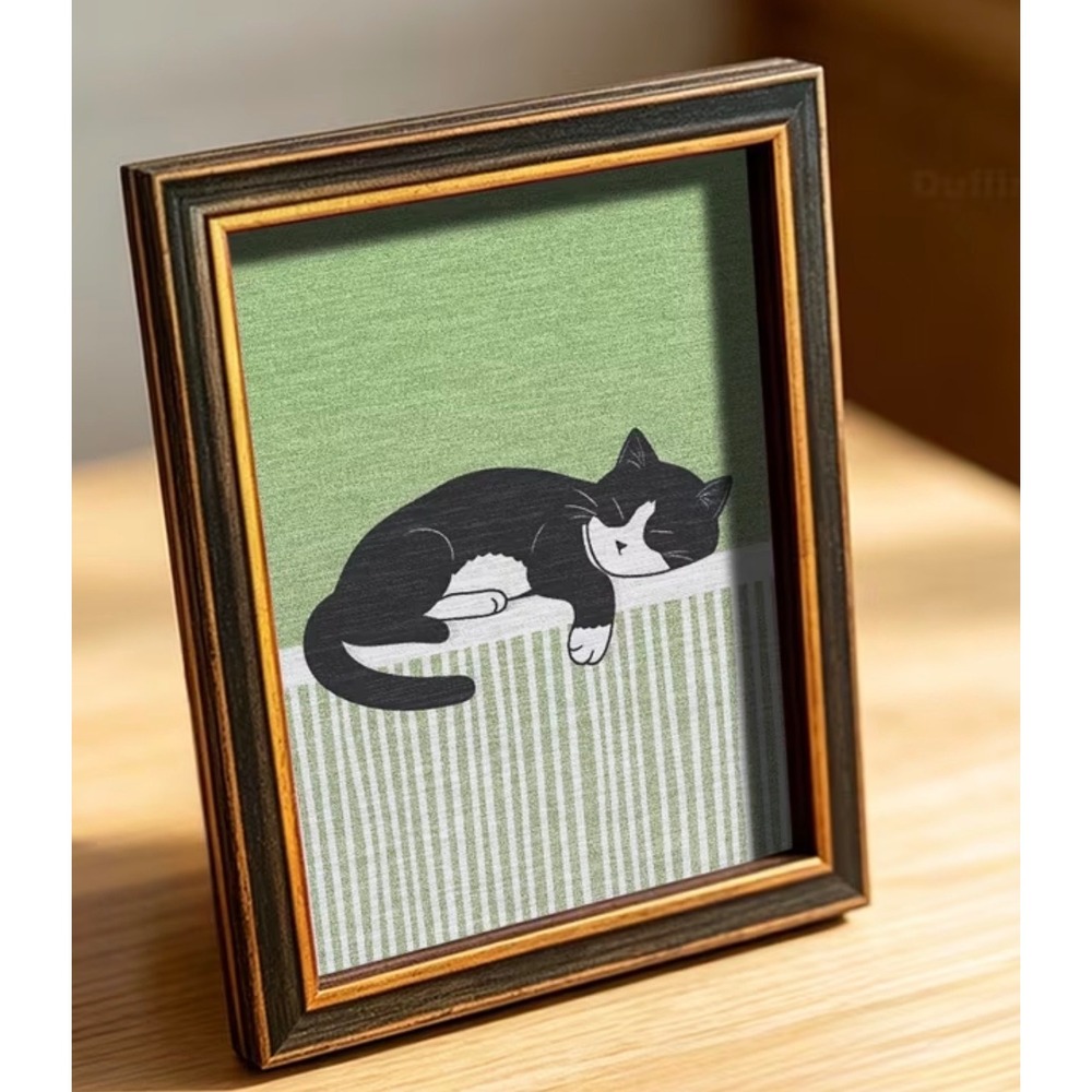 Cat Magnet Sleeping Tuxedo Cat Framed Art Green New